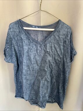 Kaktus Washed Denim Indigo Linen V-Neck Short Sleeve Top sz m